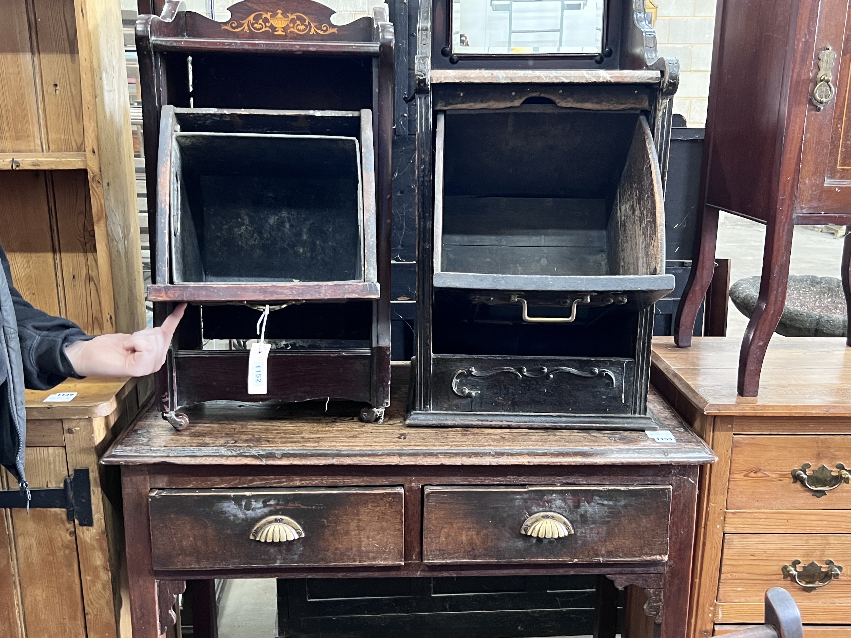 Two Victorian mahogany and rosewood coal purdoniums and a later bedside cabinet, largest width 39cm, depth 35cm, height 90cm